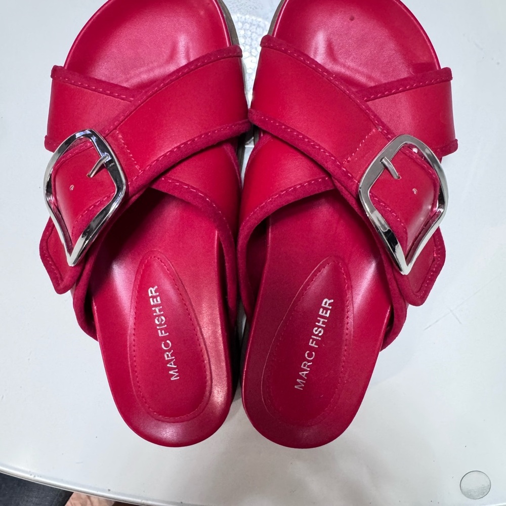 Marc Fisher Bold Red Sandals with Silver Buckle
